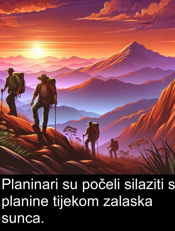 silaziti: Planinari su počeli silaziti s planine tijekom zalaska sunca.