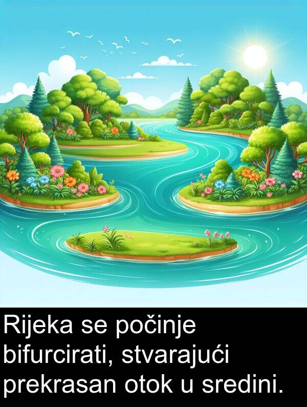 bifurcirati: Rijeka se počinje bifurcirati, stvarajući prekrasan otok u sredini.