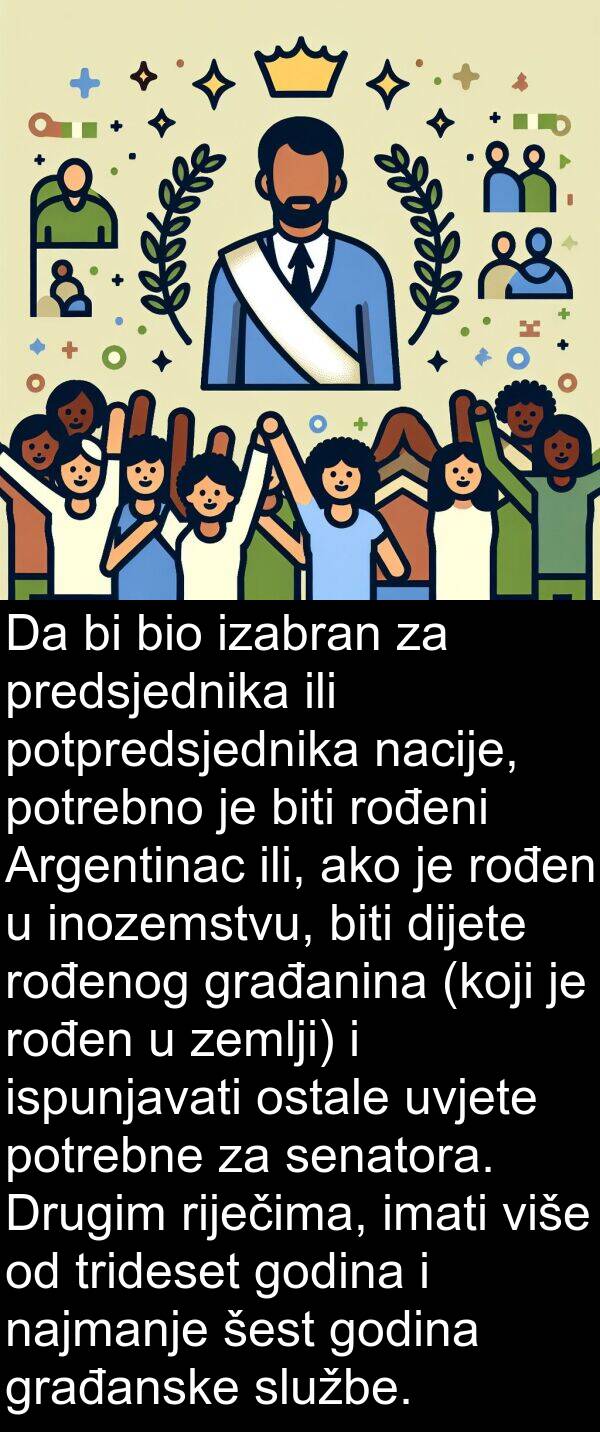 građanina: Da bi bio izabran za predsjednika ili potpredsjednika nacije, potrebno je biti rođeni Argentinac ili, ako je rođen u inozemstvu, biti dijete rođenog građanina (koji je rođen u zemlji) i ispunjavati ostale uvjete potrebne za senatora. Drugim riječima, imati više od trideset godina i najmanje šest godina građanske službe.