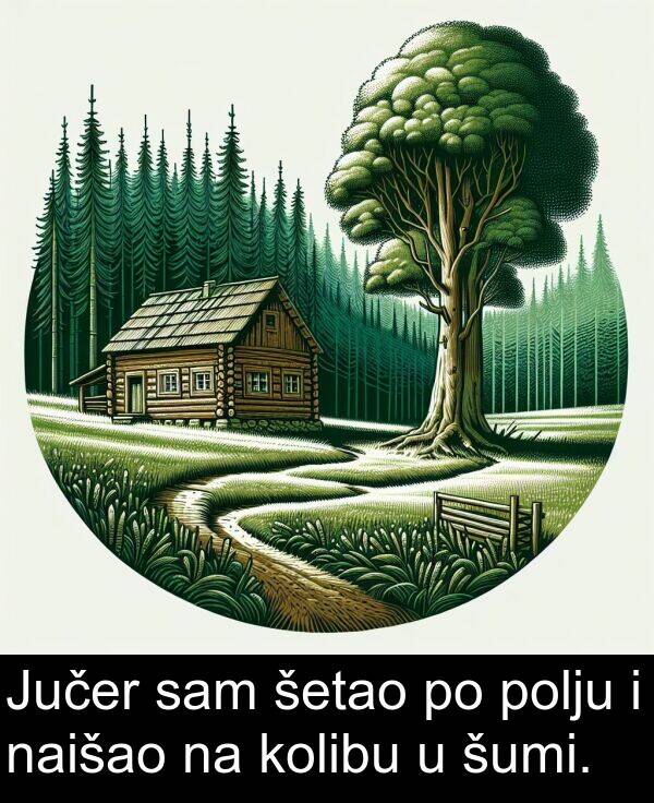 šetao: Jučer sam šetao po polju i naišao na kolibu u šumi.