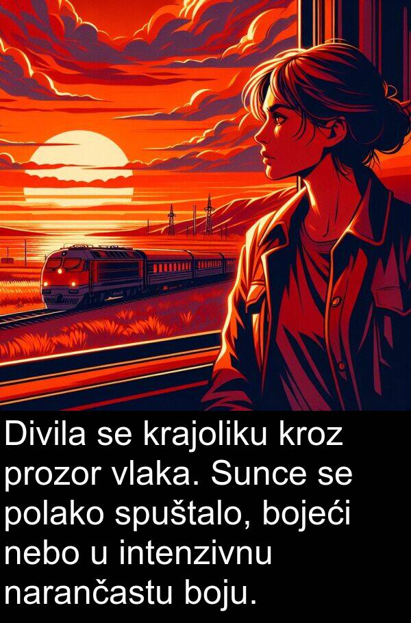 boju: Divila se krajoliku kroz prozor vlaka. Sunce se polako spuštalo, bojeći nebo u intenzivnu narančastu boju.