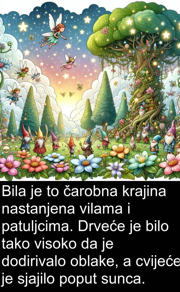 patuljcima: Bila je to čarobna krajina nastanjena vilama i patuljcima. Drveće je bilo tako visoko da je dodirivalo oblake, a cvijeće je sjajilo poput sunca.