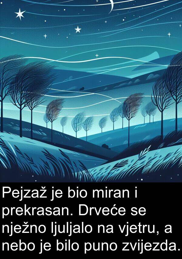 vjetru: Pejzaž je bio miran i prekrasan. Drveće se nježno ljuljalo na vjetru, a nebo je bilo puno zvijezda.