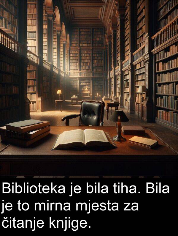 mirna: Biblioteka je bila tiha. Bila je to mirna mjesta za čitanje knjige.