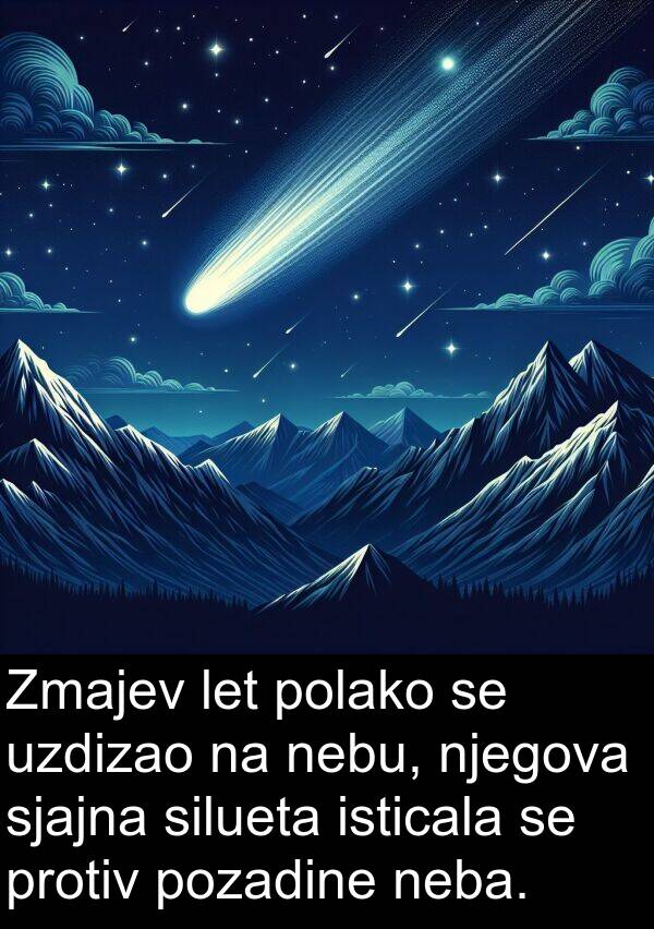 silueta: Zmajev let polako se uzdizao na nebu, njegova sjajna silueta isticala se protiv pozadine neba.