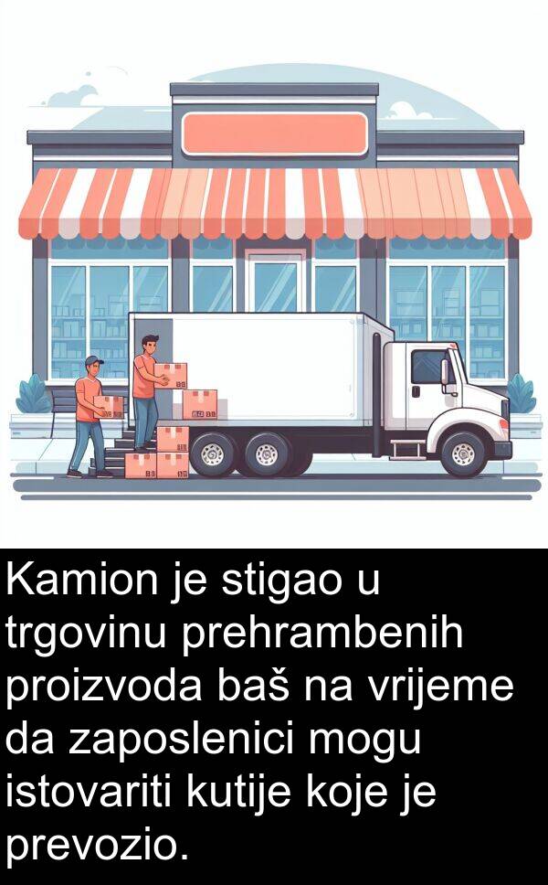 baš: Kamion je stigao u trgovinu prehrambenih proizvoda baš na vrijeme da zaposlenici mogu istovariti kutije koje je prevozio.