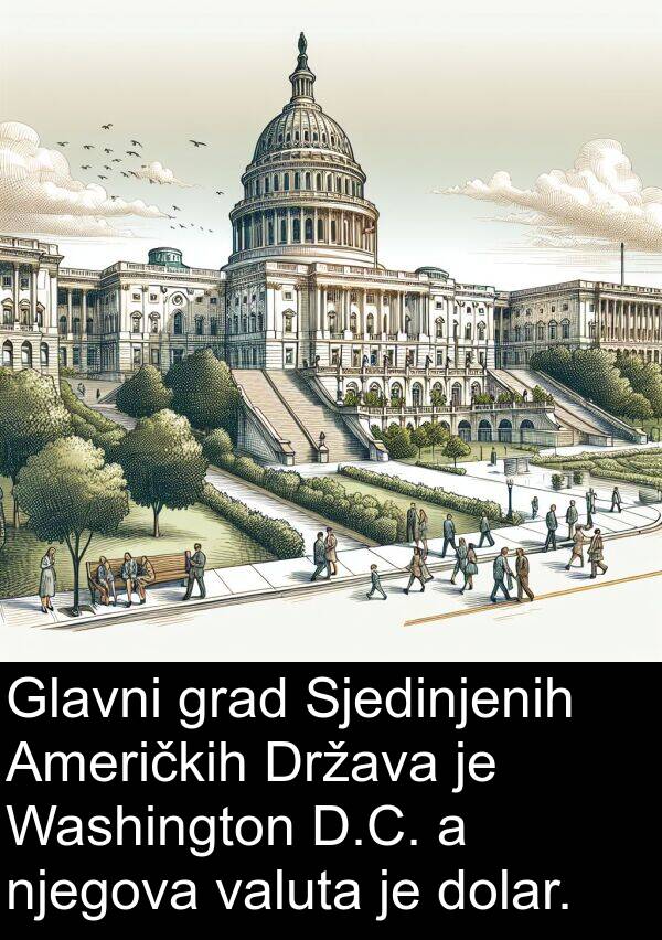 valuta: Glavni grad Sjedinjenih Američkih Država je Washington D.C. a njegova valuta je dolar.