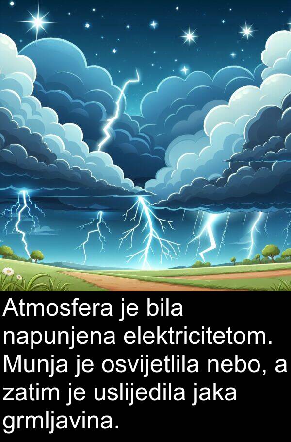 napunjena: Atmosfera je bila napunjena elektricitetom. Munja je osvijetlila nebo, a zatim je uslijedila jaka grmljavina.