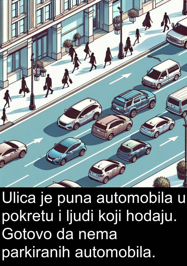 parkiranih: Ulica je puna automobila u pokretu i ljudi koji hodaju. Gotovo da nema parkiranih automobila.