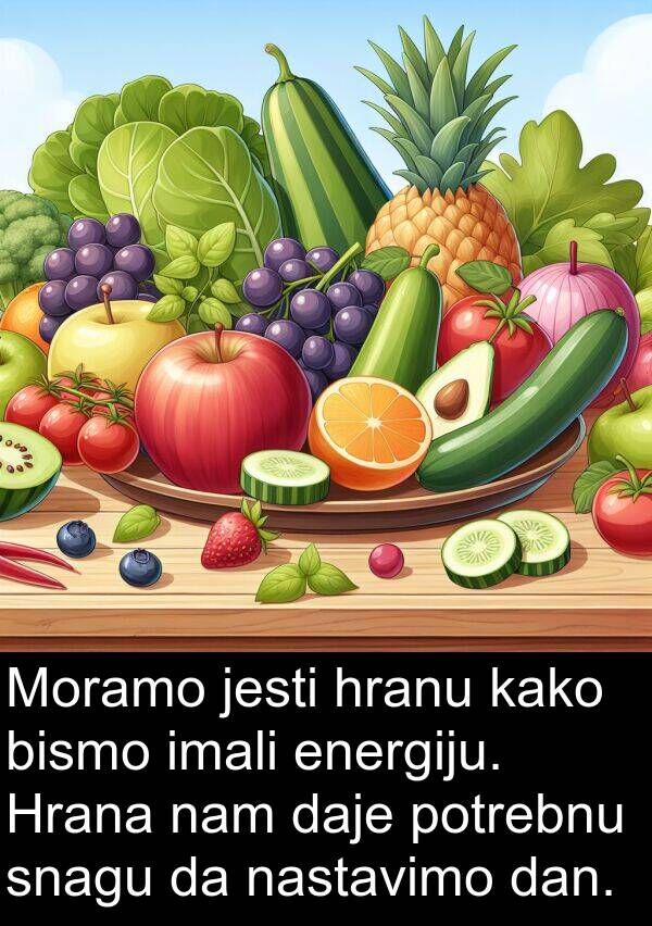 hranu: Moramo jesti hranu kako bismo imali energiju. Hrana nam daje potrebnu snagu da nastavimo dan.