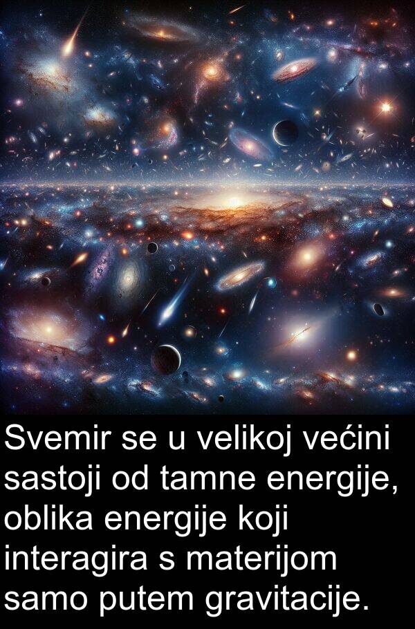 gravitacije: Svemir se u velikoj većini sastoji od tamne energije, oblika energije koji interagira s materijom samo putem gravitacije.