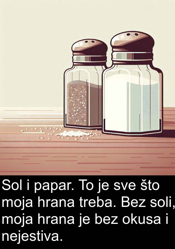 papar: Sol i papar. To je sve što moja hrana treba. Bez soli, moja hrana je bez okusa i nejestiva.