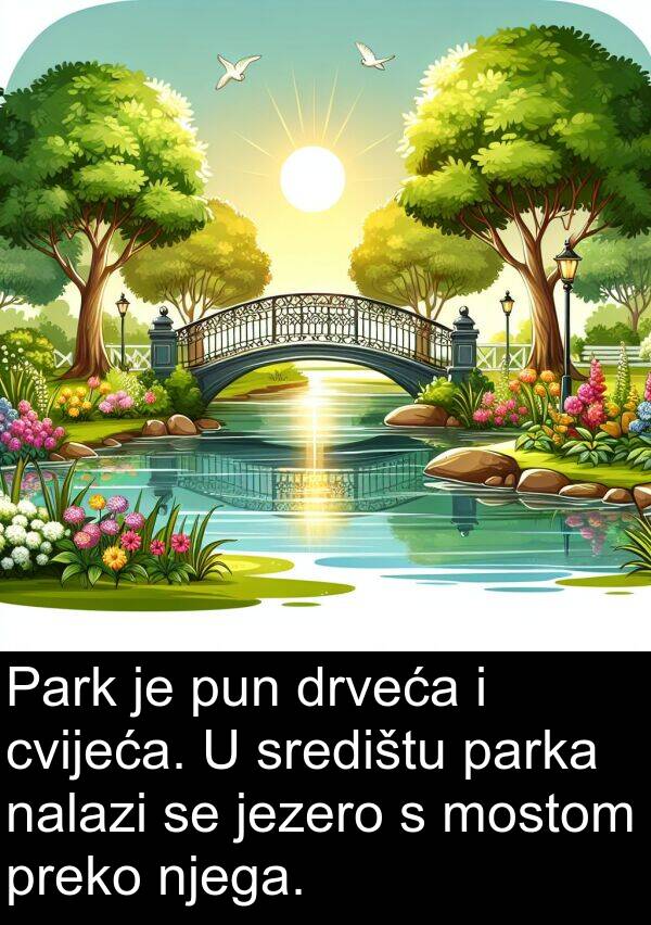 parka: Park je pun drveća i cvijeća. U središtu parka nalazi se jezero s mostom preko njega.