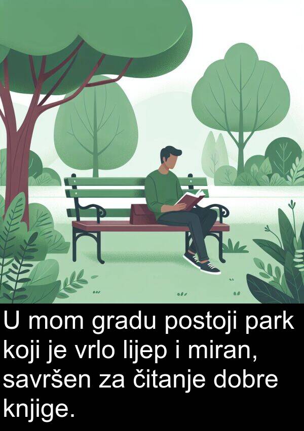 miran: U mom gradu postoji park koji je vrlo lijep i miran, savršen za čitanje dobre knjige.