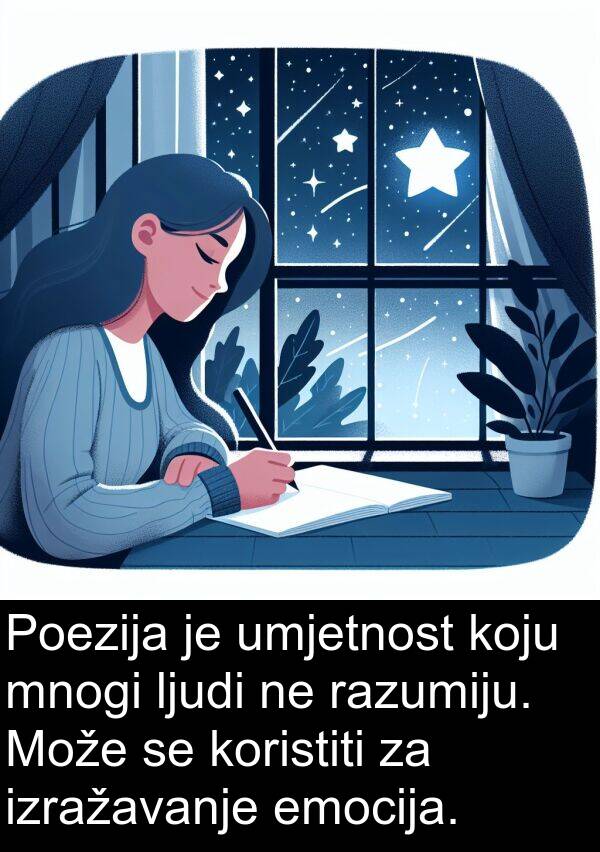 razumiju: Poezija je umjetnost koju mnogi ljudi ne razumiju. Može se koristiti za izražavanje emocija.