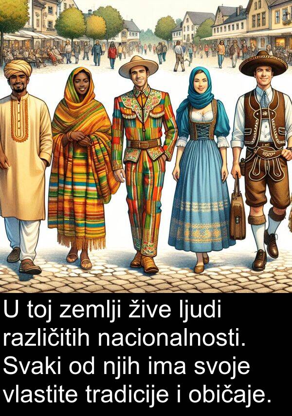 nacionalnosti: U toj zemlji žive ljudi različitih nacionalnosti. Svaki od njih ima svoje vlastite tradicije i običaje.