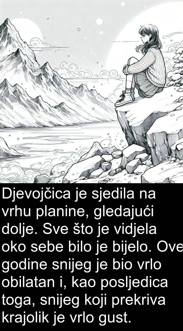 vidjela: Djevojčica je sjedila na vrhu planine, gledajući dolje. Sve što je vidjela oko sebe bilo je bijelo. Ove godine snijeg je bio vrlo obilatan i, kao posljedica toga, snijeg koji prekriva krajolik je vrlo gust.