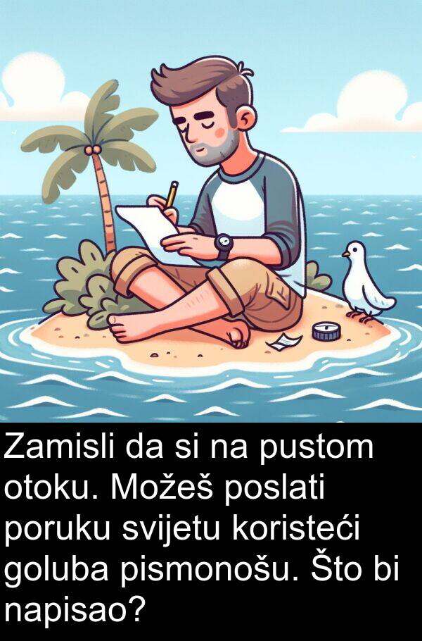 napisao: Zamisli da si na pustom otoku. Možeš poslati poruku svijetu koristeći goluba pismonošu. Što bi napisao?