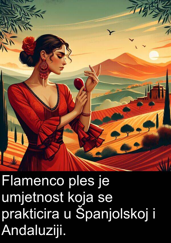 umjetnost: Flamenco ples je umjetnost koja se prakticira u Španjolskoj i Andaluziji.