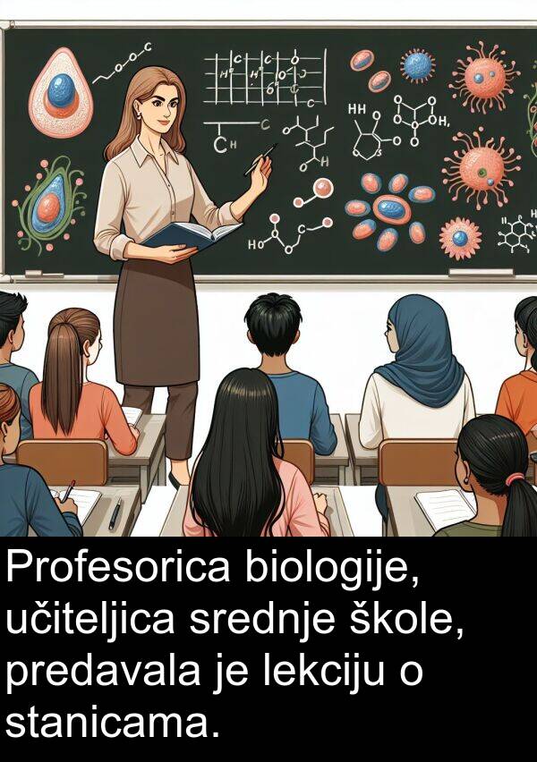 biologije: Profesorica biologije, učiteljica srednje škole, predavala je lekciju o stanicama.