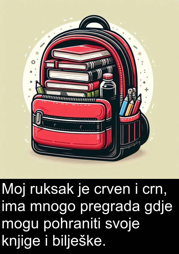 gdje: Moj ruksak je crven i crn, ima mnogo pregrada gdje mogu pohraniti svoje knjige i bilješke.