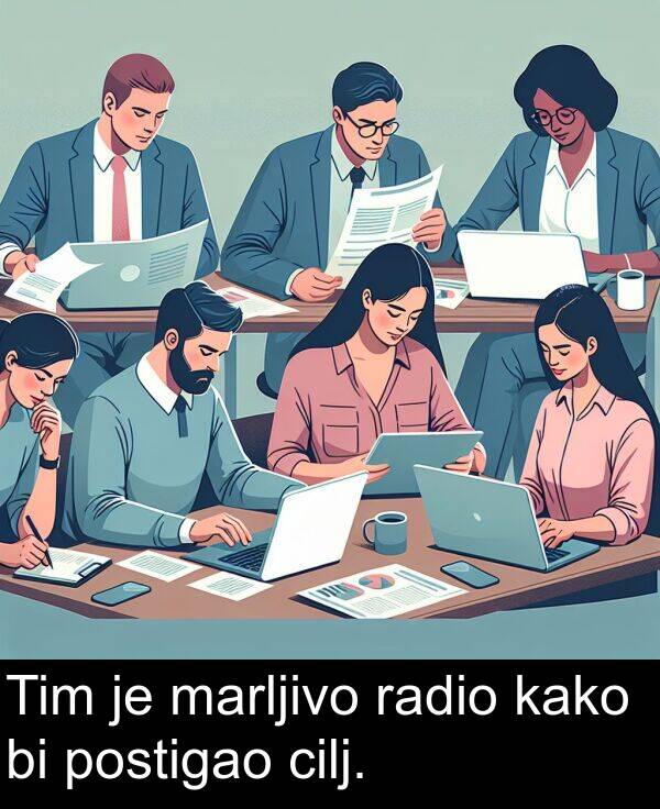 marljivo: Tim je marljivo radio kako bi postigao cilj.