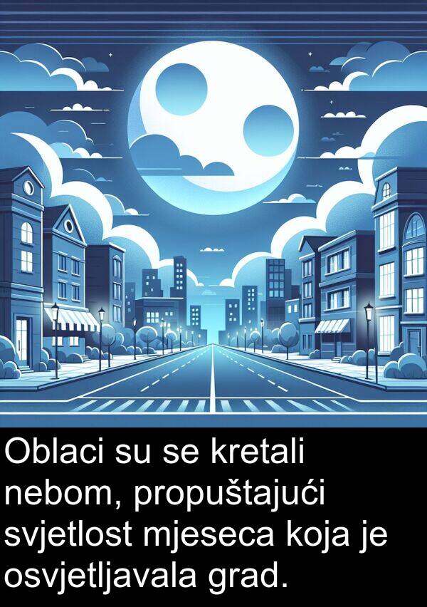 grad: Oblaci su se kretali nebom, propuštajući svjetlost mjeseca koja je osvjetljavala grad.