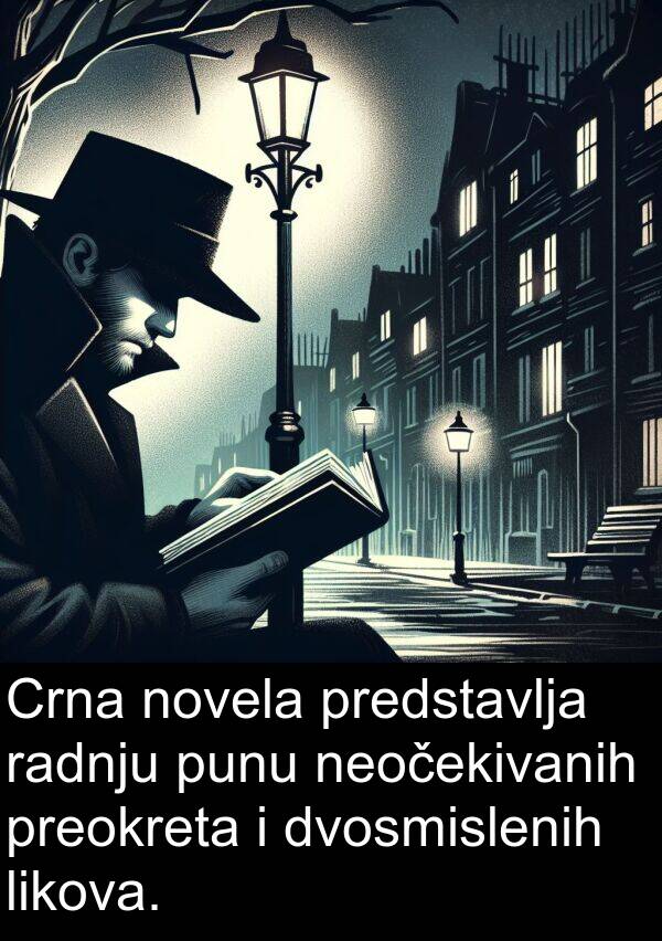 radnju: Crna novela predstavlja radnju punu neočekivanih preokreta i dvosmislenih likova.