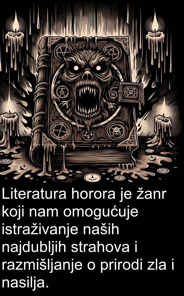 naših: Literatura horora je žanr koji nam omogućuje istraživanje naših najdubljih strahova i razmišljanje o prirodi zla i nasilja.