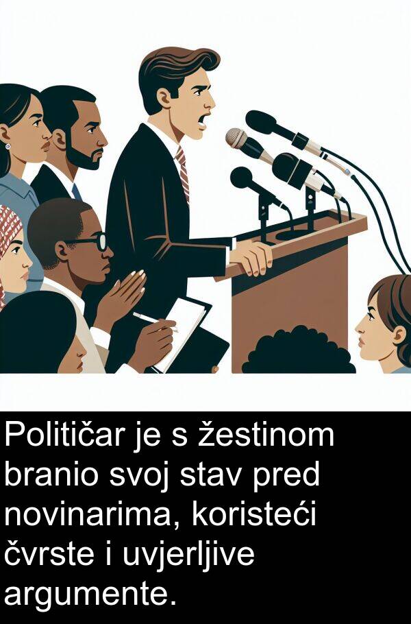 argumente: Političar je s žestinom branio svoj stav pred novinarima, koristeći čvrste i uvjerljive argumente.