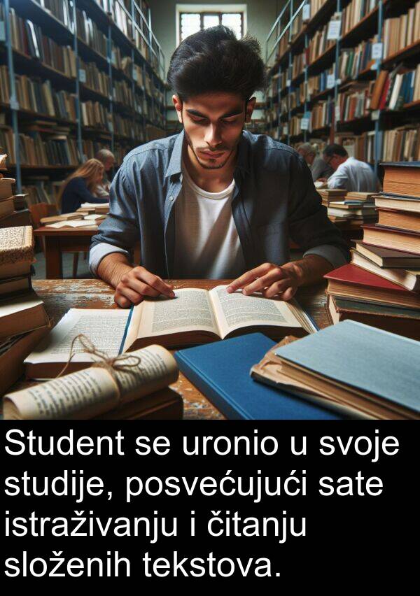 čitanju: Student se uronio u svoje studije, posvećujući sate istraživanju i čitanju složenih tekstova.