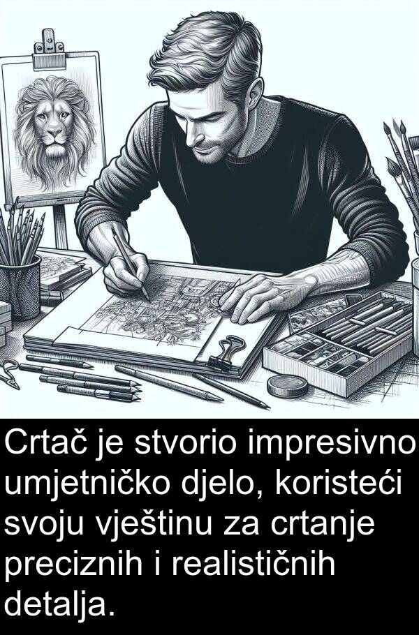 vještinu: Crtač je stvorio impresivno umjetničko djelo, koristeći svoju vještinu za crtanje preciznih i realističnih detalja.