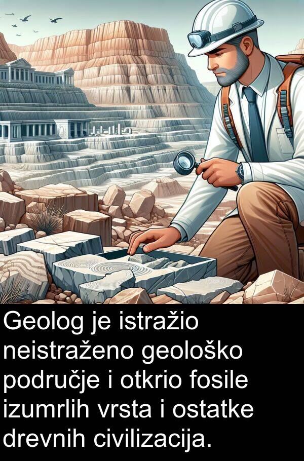 geološko: Geolog je istražio neistraženo geološko područje i otkrio fosile izumrlih vrsta i ostatke drevnih civilizacija.