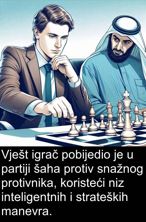 partiji: Vješt igrač pobijedio je u partiji šaha protiv snažnog protivnika, koristeći niz inteligentnih i strateških manevra.