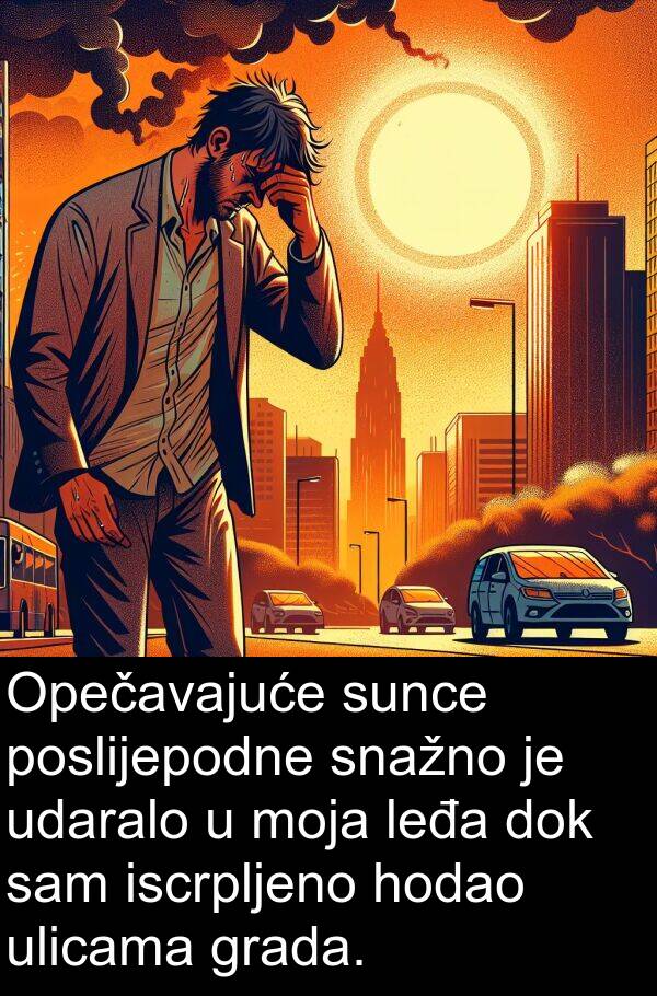 grada: Opečavajuće sunce poslijepodne snažno je udaralo u moja leđa dok sam iscrpljeno hodao ulicama grada.