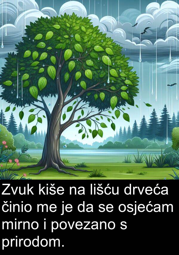 mirno: Zvuk kiše na lišću drveća činio me je da se osjećam mirno i povezano s prirodom.