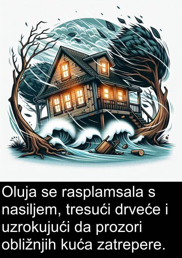 rasplamsala: Oluja se rasplamsala s nasiljem, tresući drveće i uzrokujući da prozori obližnjih kuća zatrepere.