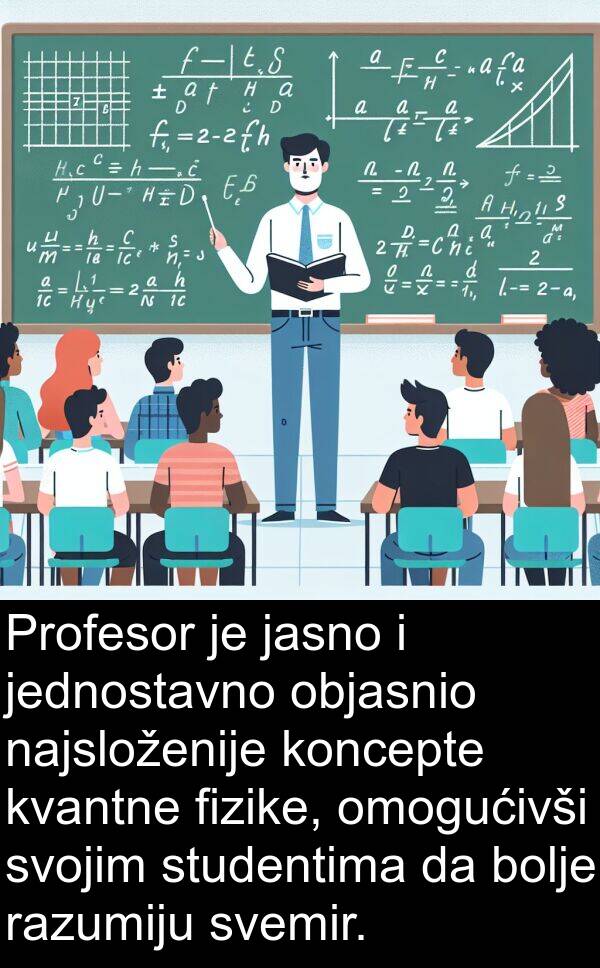 objasnio: Profesor je jasno i jednostavno objasnio najsloženije koncepte kvantne fizike, omogućivši svojim studentima da bolje razumiju svemir.