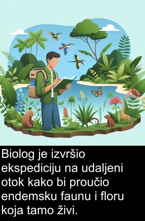 ekspediciju: Biolog je izvršio ekspediciju na udaljeni otok kako bi proučio endemsku faunu i floru koja tamo živi.