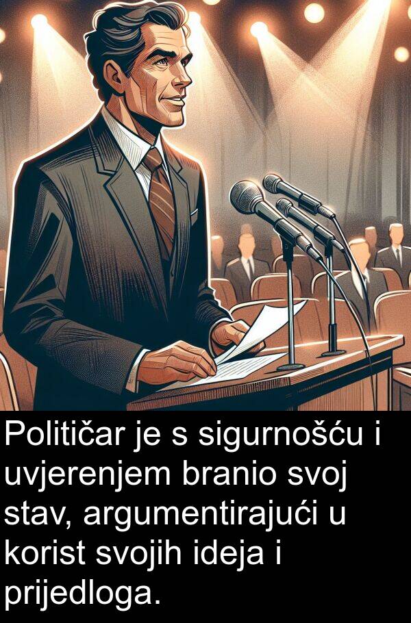 argumentirajući: Političar je s sigurnošću i uvjerenjem branio svoj stav, argumentirajući u korist svojih ideja i prijedloga.