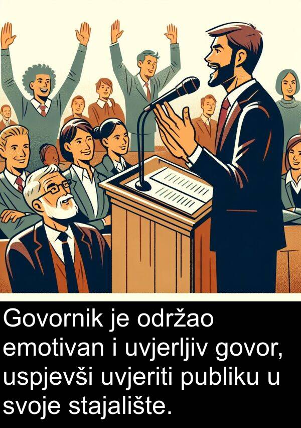 emotivan: Govornik je održao emotivan i uvjerljiv govor, uspjevši uvjeriti publiku u svoje stajalište.