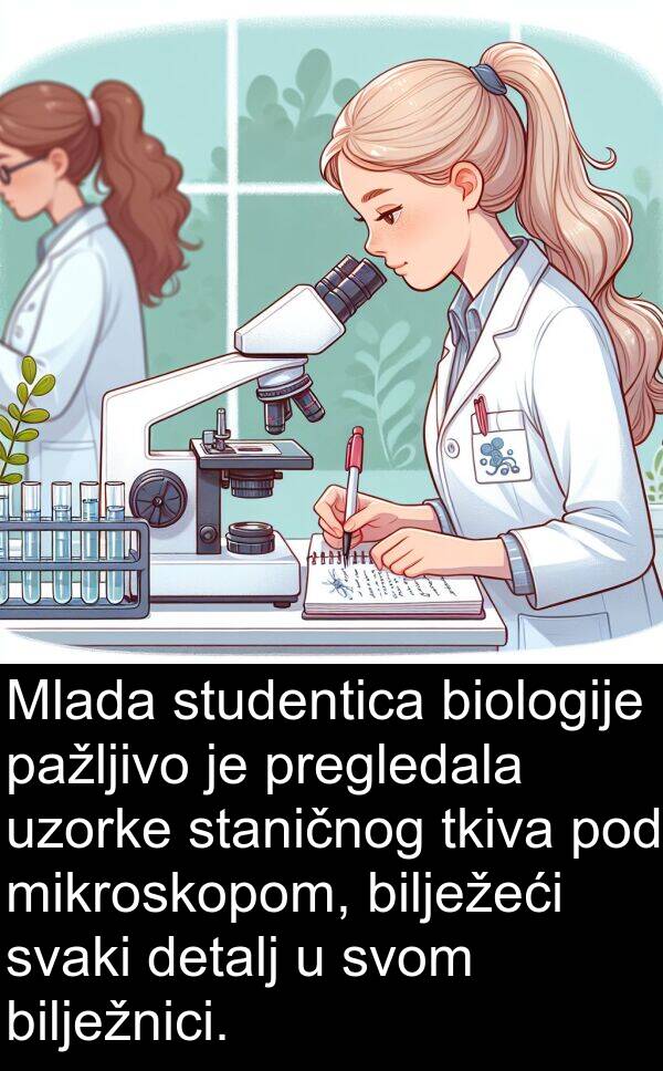 bilježnici: Mlada studentica biologije pažljivo je pregledala uzorke staničnog tkiva pod mikroskopom, bilježeći svaki detalj u svom bilježnici.