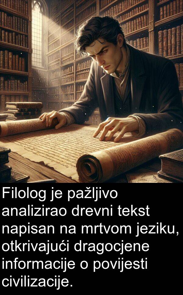 napisan: Filolog je pažljivo analizirao drevni tekst napisan na mrtvom jeziku, otkrivajući dragocjene informacije o povijesti civilizacije.