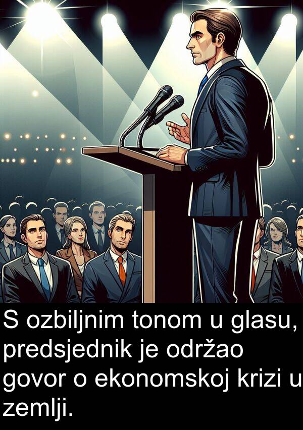 glasu: S ozbiljnim tonom u glasu, predsjednik je održao govor o ekonomskoj krizi u zemlji.