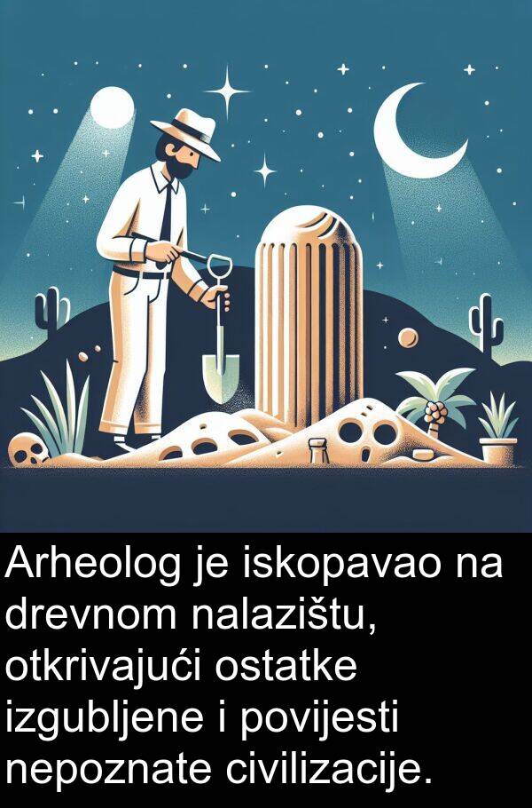 nalazištu: Arheolog je iskopavao na drevnom nalazištu, otkrivajući ostatke izgubljene i povijesti nepoznate civilizacije.