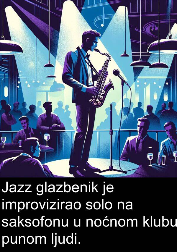 glazbenik: Jazz glazbenik je improvizirao solo na saksofonu u noćnom klubu punom ljudi.