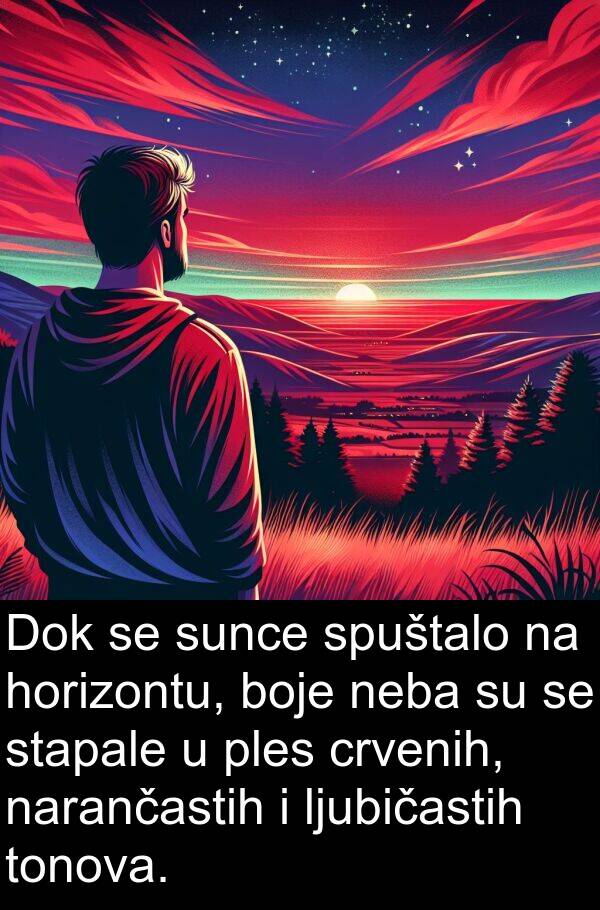 boje: Dok se sunce spuštalo na horizontu, boje neba su se stapale u ples crvenih, narančastih i ljubičastih tonova.