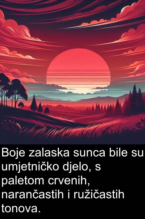 paletom: Boje zalaska sunca bile su umjetničko djelo, s paletom crvenih, narančastih i ružičastih tonova.