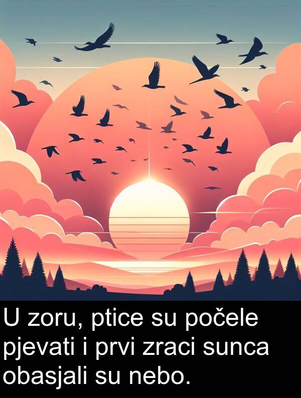 obasjali: U zoru, ptice su počele pjevati i prvi zraci sunca obasjali su nebo.