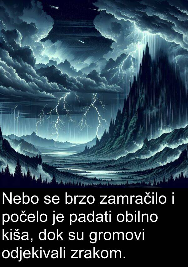 gromovi: Nebo se brzo zamračilo i počelo je padati obilno kiša, dok su gromovi odjekivali zrakom.